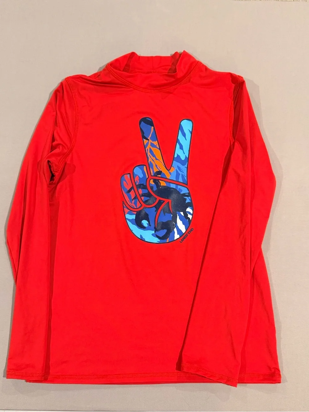 Lot of 2 Lands' End Boys Yellow /Red Long-Sleeve Rashguard shark and peace sign